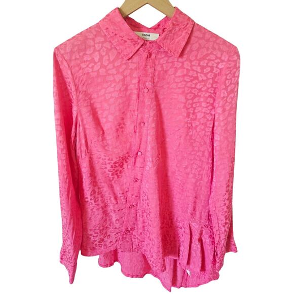 Koché  Pink Leopard Peplum Blouse Size 38(M) Button Down Asymmetrical Hem - Picture 3 of 5